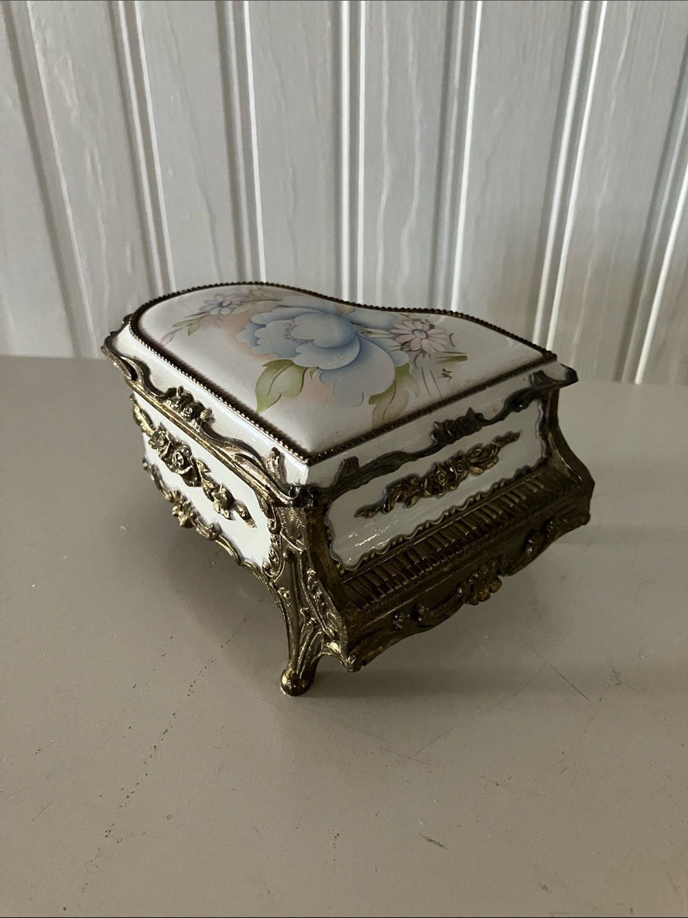 White Porcelain Floral Jewelry Trinket Box with Gold Accents